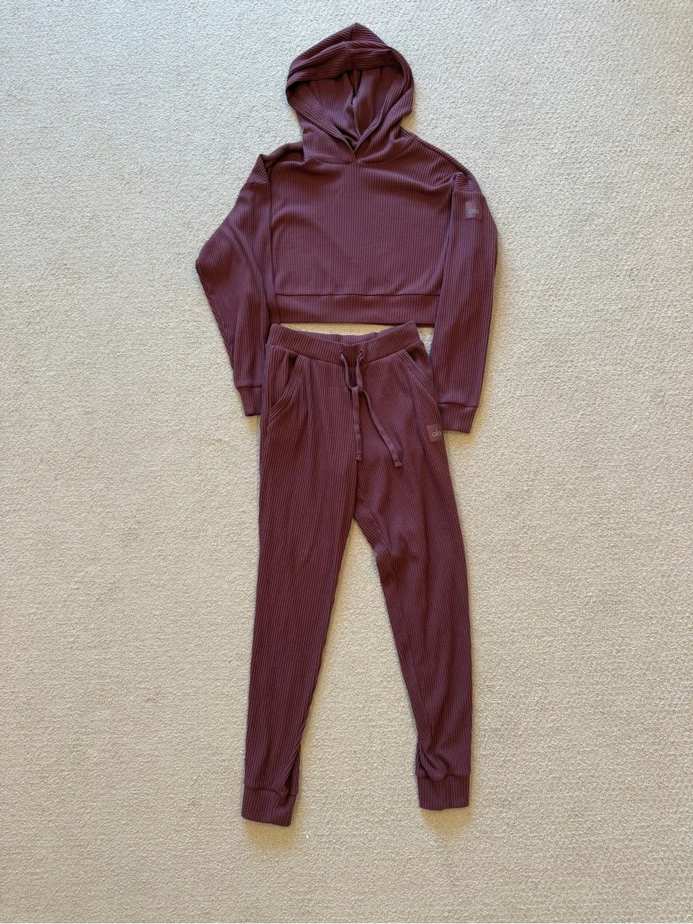 ALO Yoga Ribbed Hoodie and Joggers Set - Burgundy Truffle